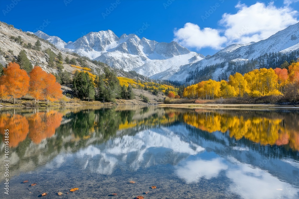 Obraz premium A crystal-clear lake at the base of snow-dusted mountains, surrounded by trees ablaze with autumn colors. The reflection of the mountain and the colorful trees mirrors perfectly on the lake