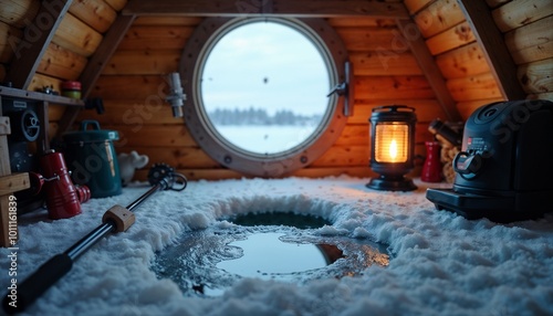 Cozy ice fishing hut interior, warm atmosphere, ice fishing hole by window, winter setting