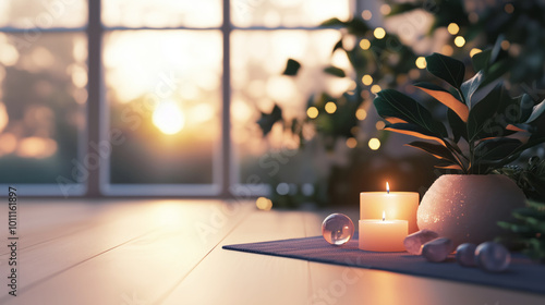 Wallpaper Mural A serene yoga studio with large windows, soft lighting from candles and string lights, a small potted plant in the corner filled with greenery Torontodigital.ca