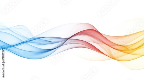 Abstract wave design with flowing colors in blue, red, and orange on a white background.