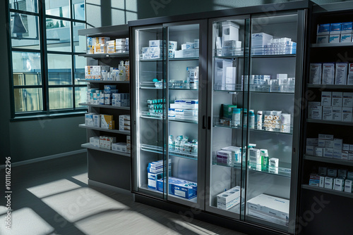 a temperature-controlled medical cabinet with glass doors, organized shelves of supplie photo