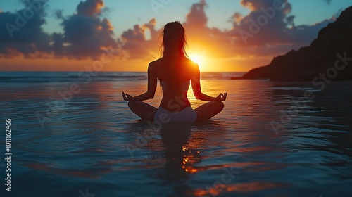 person practicing yoga on beach during sunset promoting mental health self care ,connection to nature generative ai