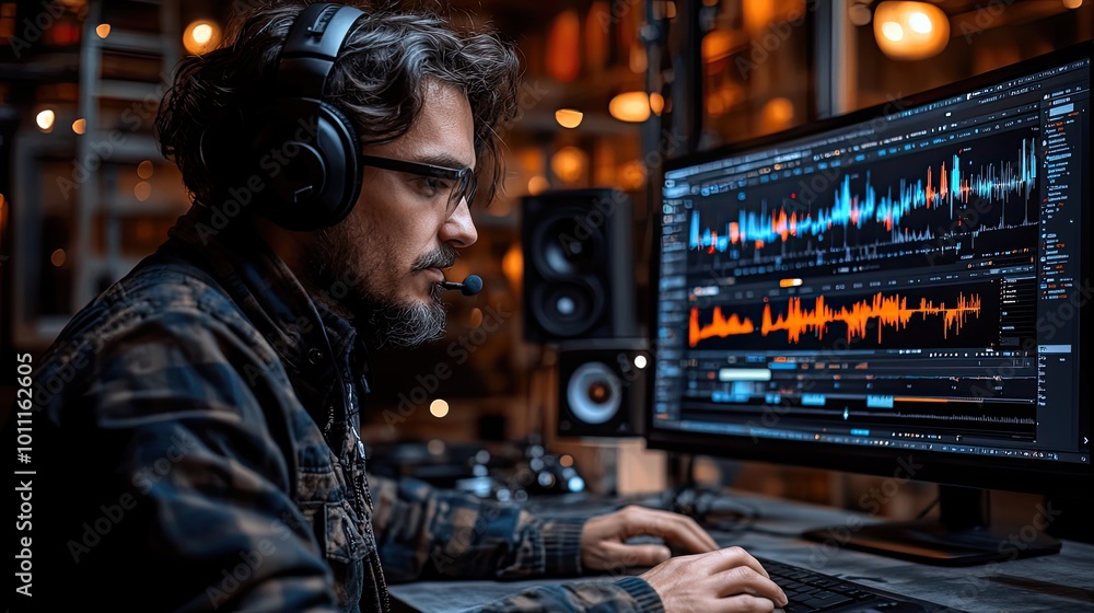 person writing podcast script with headphones on audio waveform on computer screen ,notes on paper person writing podcast script with headphones on audio waveform on computer screen ,notes on paper