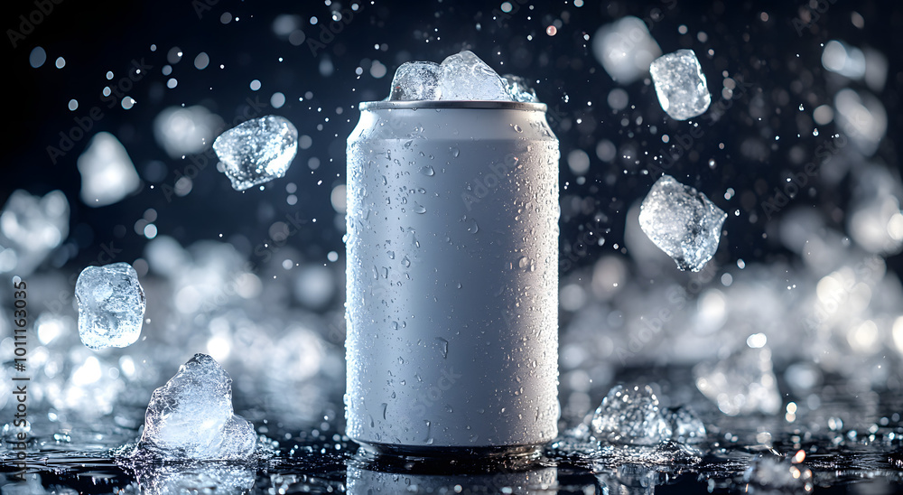 A refreshing white can of energy drink filled with ice cubes floating around, symbolizing the perfect blend of hydration and revitalization. This image captures the essence of a cool and invigorating A refreshing white can of energy drink filled with ice cubes floating around, symbolizing the perfect blend of hydration and revitalization. This image captures the essence of a cool and invigorating