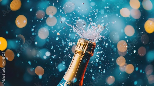 A sparkling champagne bottle pops open, showering droplets in a vibrant celebration with a blurred bokeh background. photo