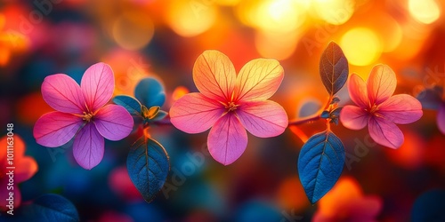 Vibrant pink flowers with green leaves illuminated by warm, golden sunlight in a serene garden setting.