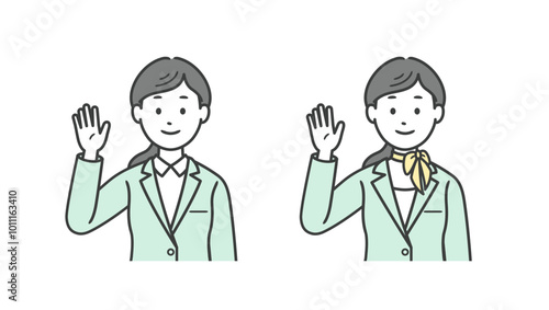 片手を上げて挨拶をする女性ビジネスマンの上半身イラスト
