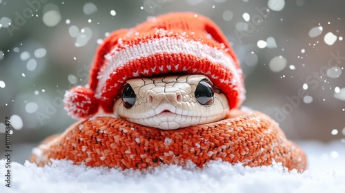 Merry Christmas and Happy New year 2025 with cute snake in xmas hat. Banner with copy space. Animal holidays cozy home party photo.