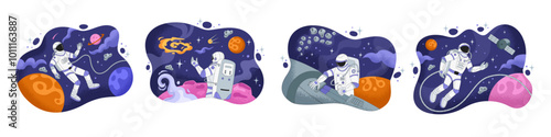 Astronaut flying in space. Galaxy universe. Astronomy planet. Interstellar exploration travel. Orbit spaceship with spaceman. Cosmonaut in spacesuit. Zero gravity. Vector cartoon tidy concepts set