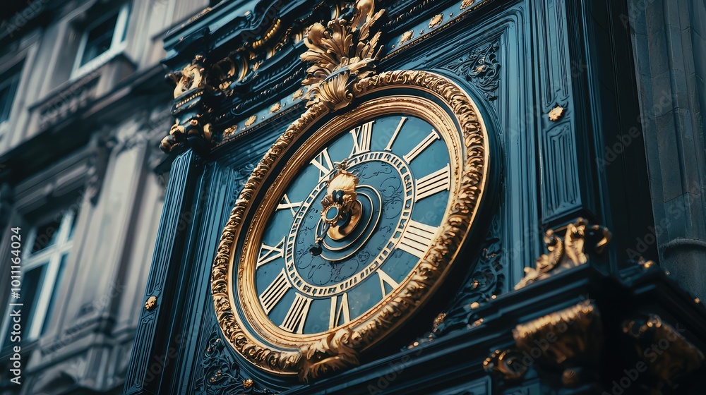 Obraz premium A stunning close-up of a vintage clock showcasing intricate details and elegant craftsmanship in gold and teal hues.