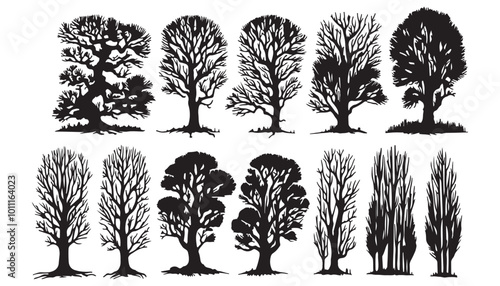 Naked trees silhouettes set. Hand drawn isolated illustrations vector illustration design black and white art