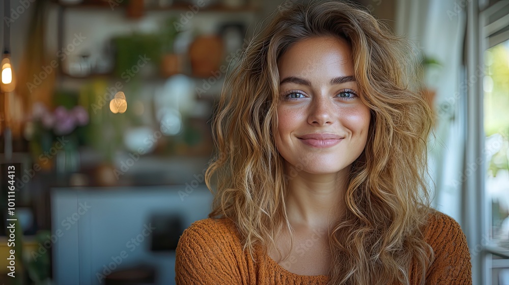 Fototapeta premium portrait of beautiful young overweight woman at home standing in front of mirror looking at herself feeling happy ,contented