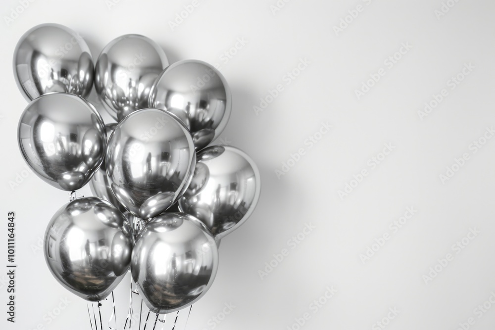Fototapeta premium Bright Silver Balloons for Celebration on White Background with Copy Space