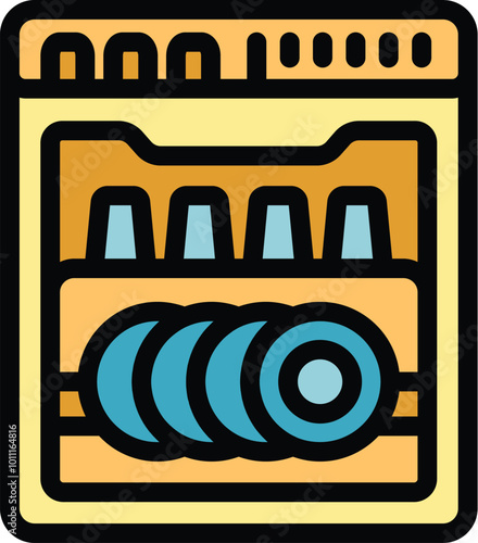Simple outline color icon representing a dishwasher full of clean plates and glasses, ideal for web and app design