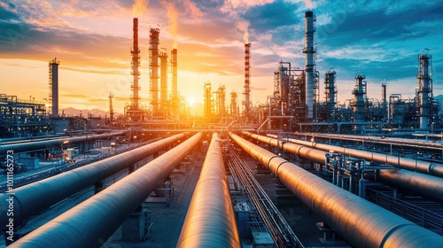 A stunning sunset over an industrial landscape with pipes and refinery structures, showcasing the energy sector's beauty.