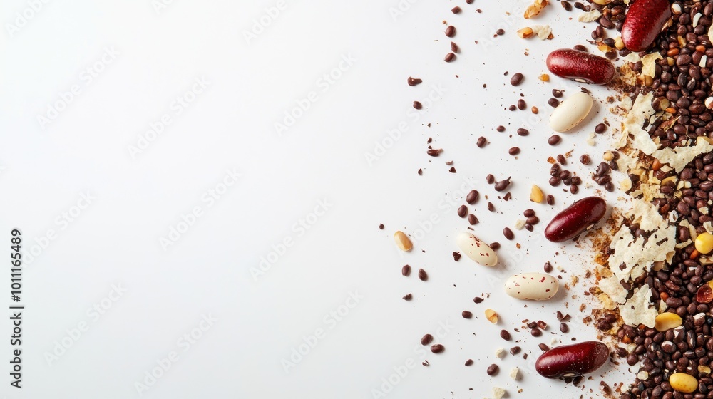 A variety of seeds, grains, and beans arranged artistically on a white background. A variety of seeds, grains, and beans arranged artistically on a white background.