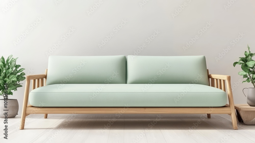 Minimalist Living Room Interior with Light Green Sofa, Houseplants, and Copy Space, 3D Rendering Minimalist Living Room Interior with Light Green Sofa, Houseplants, and Copy Space, 3D Rendering