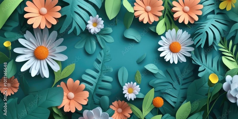 Paper Cut Flowers Leaves Blue Background Paper Cut Flowers Leaves Blue Background