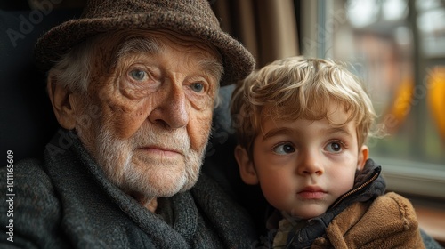 An elderly man shares a moment with a young boy by the window during a quiet afternoon in a cozy setting