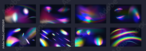 Light flare prism. Rainbow sparkle. Color crystal. Diamond reflection effect. Luminous ray spectrum. Abstract photo overlay. Burst flash. Defocused blur iridescent. Vector gradient backgrounds set