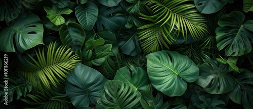 Fototapeta Naklejka Na Ścianę i Meble -  jungle green tropical forest top view dark background