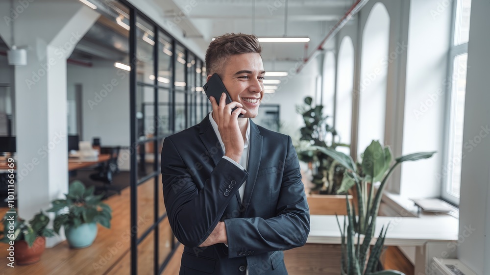 A young businessman smiles while speaking on the phone in a modern office with glass walls and plants. A young businessman smiles while speaking on the phone in a modern office with glass walls and plants.