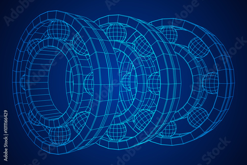 Roller bearing. Circular round rotating bearings used in industry for heavy equipment mechanical work and engineering. Wireframe low poly mesh vector illustration.