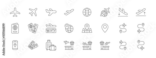 Airplane icon set. Airport icon. Flying icon set. Plane vector air flight destination location pin symbol sign airline fly landing arrival departure aeroplane passport boarding pass take off map trip
