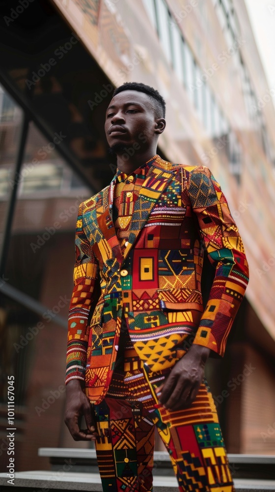 Fototapeta premium An African man in a vibrant Kente suit stands in front of a modern building, blending traditional attire with urban surroundings in a striking contrast.