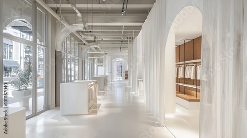 An interior women's clothing store with partition walls and vintage modernism. The white and Molteni color scheme highlights the store's stylish and modern design. photo