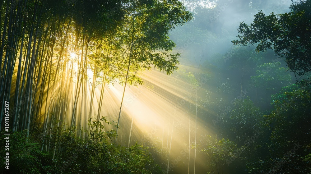 Fototapeta premium A tranquil forest scene with sunlight streaming through bamboo trees, creating a serene and peaceful atmosphere.