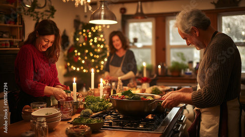 Family cooking Christmas dinner together in cozy kitchen with festive decor photo