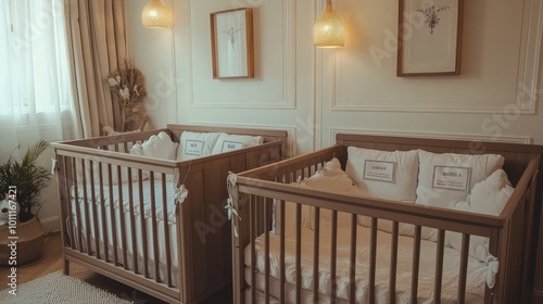 A tranquil nursery featuring two wooden cribs with soft bedding and warm lighting, perfect for a cozy baby environment.