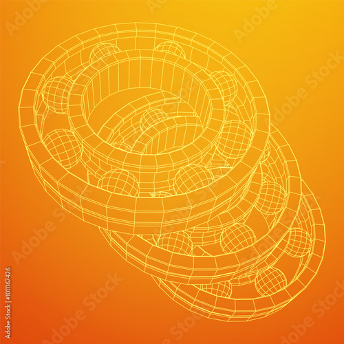 Roller bearing. Circular round rotating bearings used in industry for heavy equipment mechanical work and engineering. Wireframe low poly mesh vector illustration.