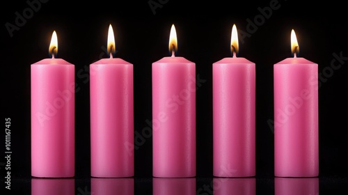 Five lit pink candles arranged evenly against a dark background, creating a warm and serene ambiance. photo