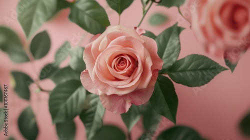 pink rose close up shot and green leafs top view