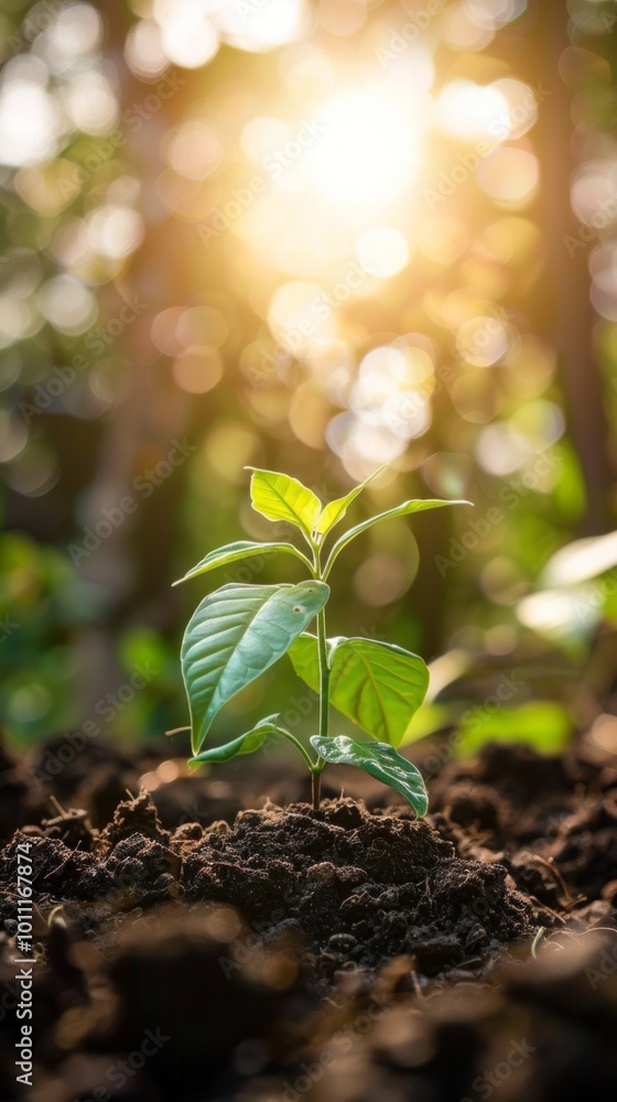 A young green plant with three leaves in dark soil under warm, sunbeam-like lighting from above and right. Simple scene with no other elements. A young green plant with three leaves in dark soil under warm, sunbeam-like lighting from above and right. Simple scene with no other elements.