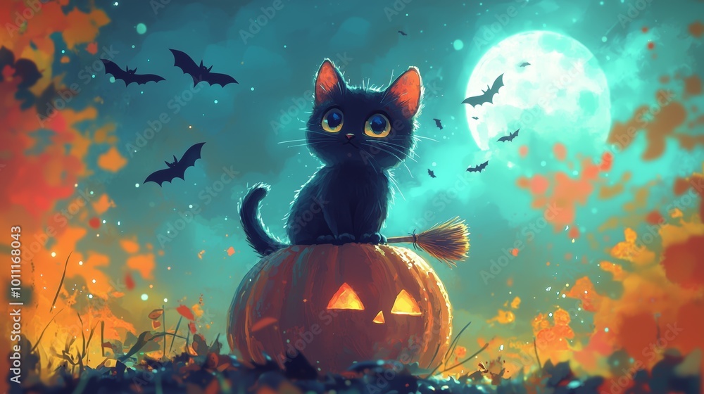 Fototapeta premium Cute Black Cat on Pumpkin Under Moonlight