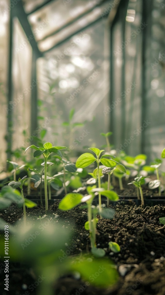 A greenhouse with young pepper plants bathed in sunlight creates a refreshing atmosphere in the image. A greenhouse with young pepper plants bathed in sunlight creates a refreshing atmosphere in the image.