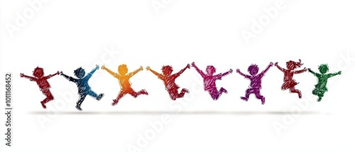 Joyful Cartoon Kids Holding Hands and Jumping in Vibrant Colors on White Background