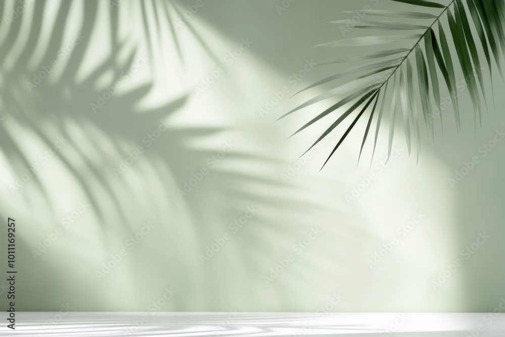 Minimal abstract background, light and shadow of tree leaves. Cosmetic product presentation. Premium podium. Pastel mint green wall, white table. Showcase display case. Front view. Mockup ad. Olive Minimal abstract background, light and shadow of tree leaves. Cosmetic product presentation. Premium podium. Pastel mint green wall, white table. Showcase display case. Front view. Mockup ad. Olive