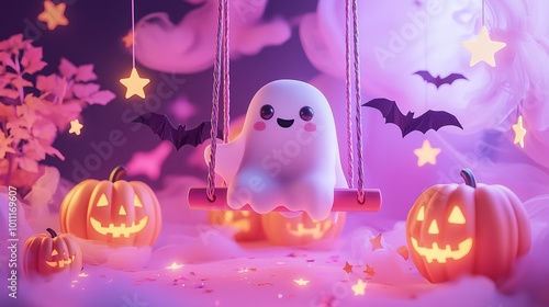 Cute Ghost on Swing Surrounded by Pumpkins photo