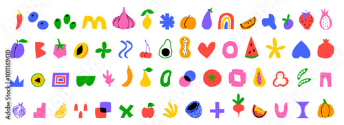Food shape pattern. Abstract design ornament. Modern organic geometry minimal style Matisse. Geometric doodle trendy elements. Simple tropical fruits. Cute nature garish art. Vector flat icons set