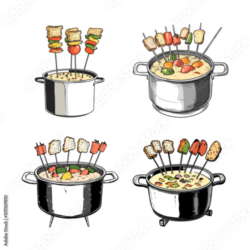 Various fondue pots with skewered vegetables