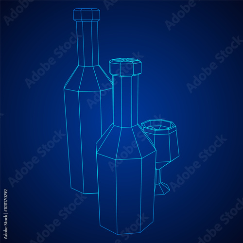 Wine bottle with wine glass. Wireframe low poly mesh vector illustration