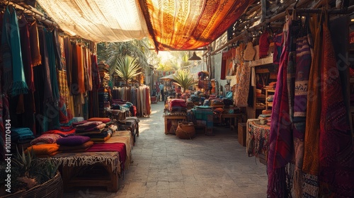 A vibrant market scene filled with colorful textiles and cozy seating, exuding a lively and welcoming atmosphere.