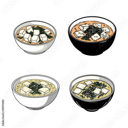 Bowls of miso soup with tofu and seaweed