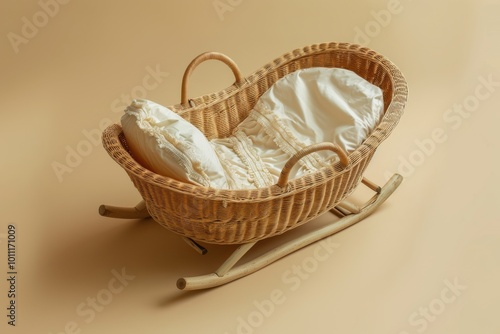 A vintage wicker rocking bassinet with a soft cushion on a neutral background