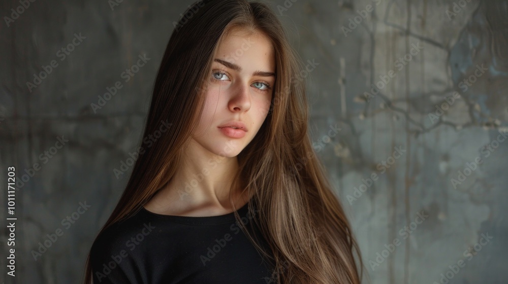 Close-up portrait of a serene teenage girl with long hair, blue eyes, and a black top. Details like yellow skin tone, deep-set eyes, and pink lips add to the tranquil vibe.