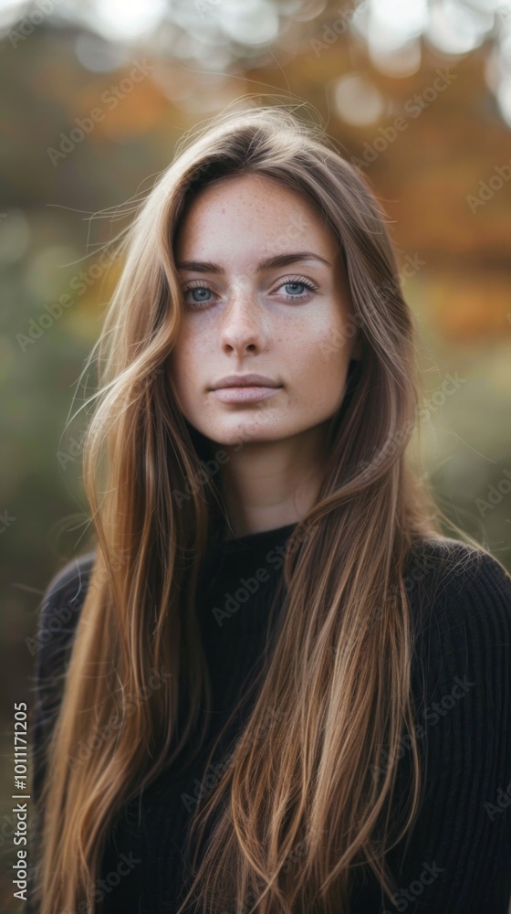 A serene young woman with blonde hair, blue eyes, and freckles wearing a black sweater stands outdoors in an autumn forest, exuding a calm demeanor while looking directly at the camera. A serene young woman with blonde hair, blue eyes, and freckles wearing a black sweater stands outdoors in an autumn forest, exuding a calm demeanor while looking directly at the camera.